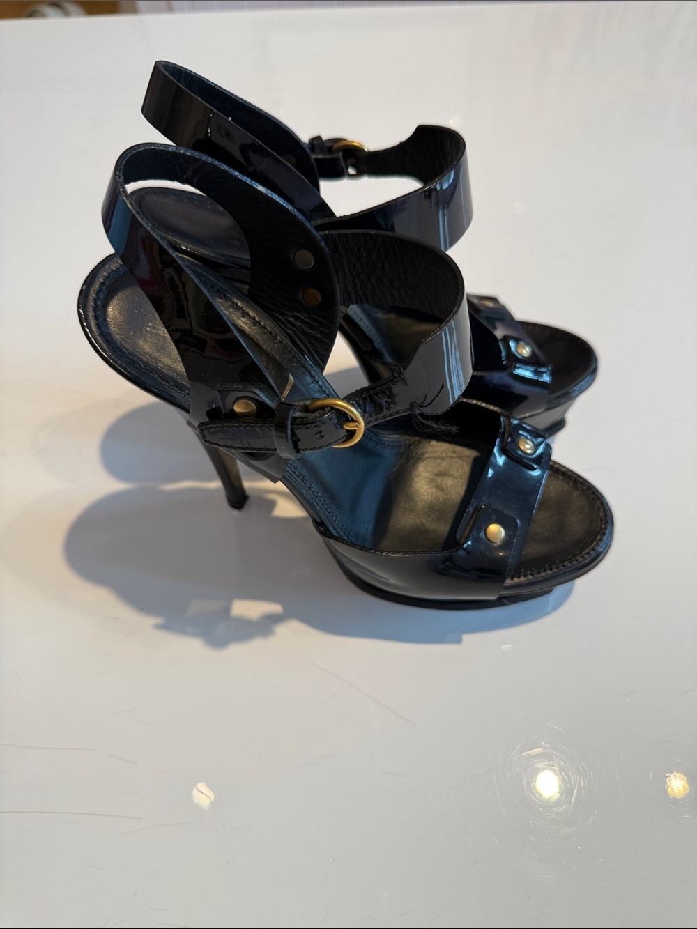 YASL Saint Laurent Black Patent Leather Stud Platform Sandals Gold Accents sz 36